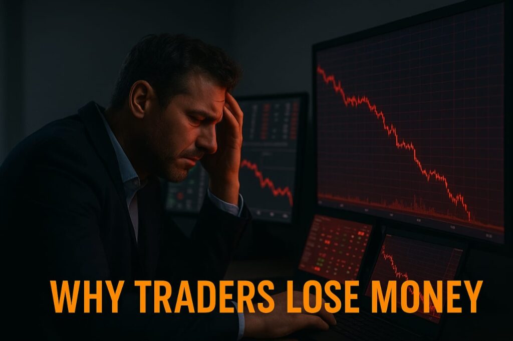 A stressed trader looking at red charts on multiple monitors.