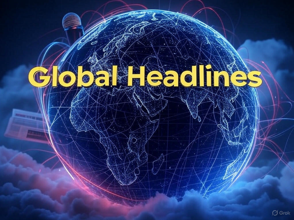 A glowing blue globe with network lines and a microphone, with the text 