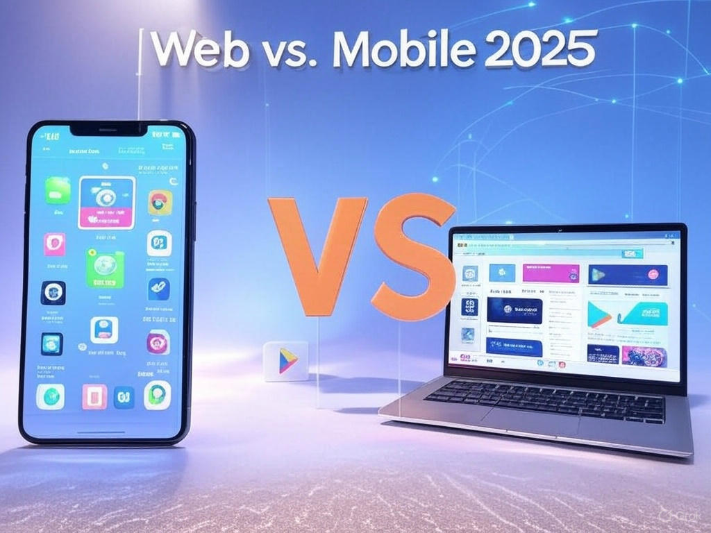 A smartphone and a laptop side by side, displaying app icons and web pages, with the text 