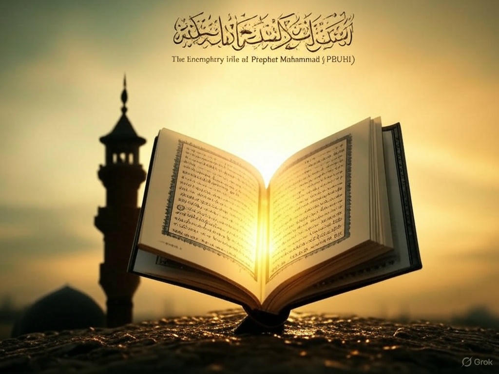 An open Quran with a glowing light, set against a backdrop of a mosque minaret and dome at sunset, with Arabic text and the English translation 
