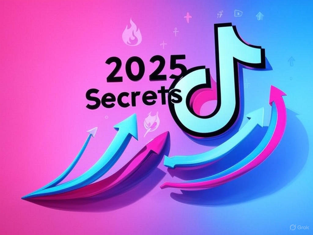 A vibrant image featuring the TikTok logo with upward arrows in blue and pink, flames, and stars, and the text 