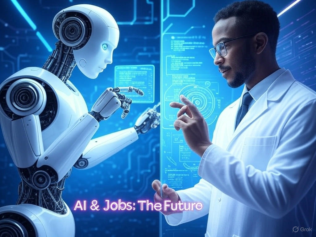 A humanoid robot interacting with a person in a white coat in front of a holographic interface, with the text 