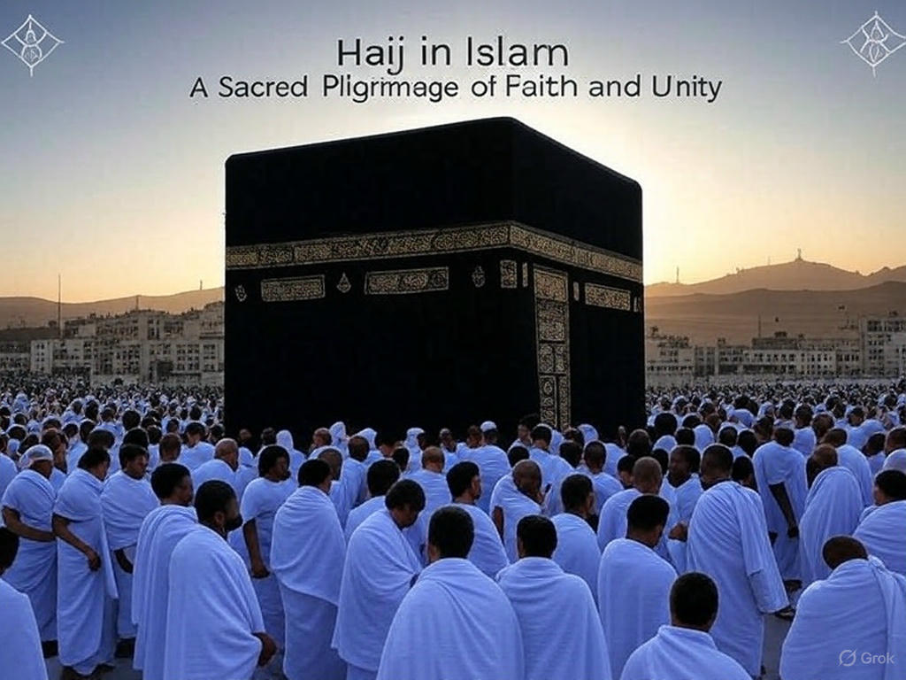 A large crowd of pilgrims in white garments gathered around the Kaaba in Mecca at sunset, with the text 
