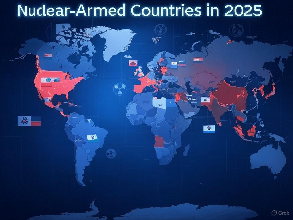 A world map highlighting nuclear-armed countries in 2025, with red areas marking nations like the USA, Russia, China, India, Pakistan, the UK, France, Israel, North Korea, and others, each labeled with their flags. The text