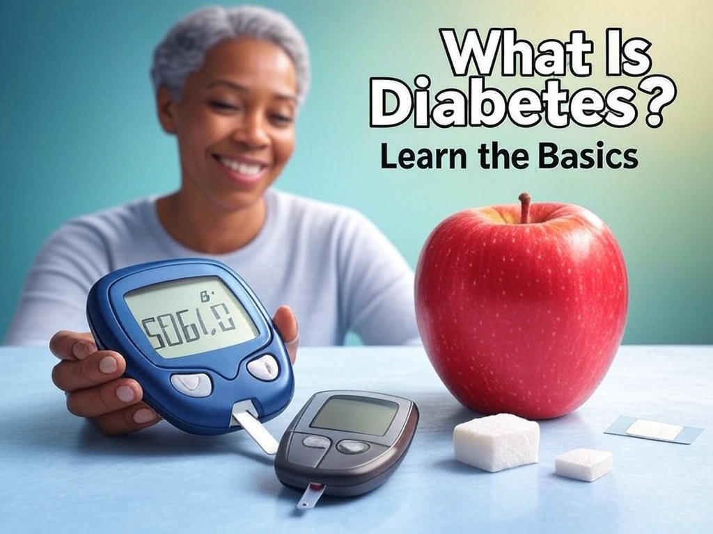 A friendly adult with gray hair smiling while checking a blood glucose meter, with an apple, sugar cubes, and test strips on a blue table. Text reads "What Is Diabetes? Learn the Basics" in bold white font with a black outline.
