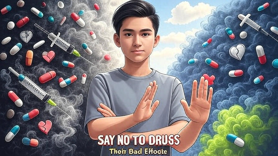 Teens holding a “Say No to Drugs” poster, promoting a healthy, drug-free lifestyle.