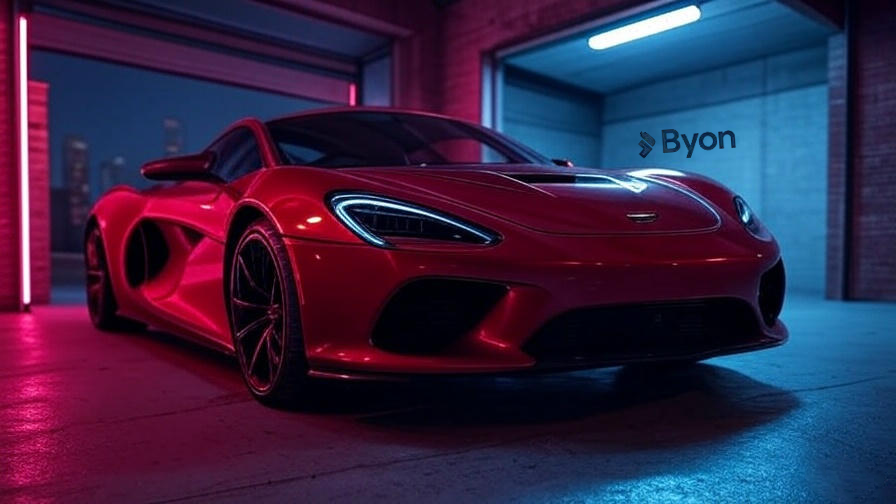 sports car with a NFTs in GTA 6 glowing NFT badge parked in a Vice City garage