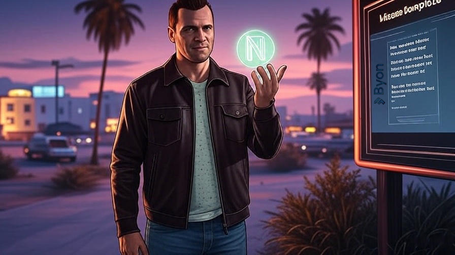 A GTA 6 character holding a glowing NFT token, standing in front of a mission completion screen with a vibrant Vice City backdrop