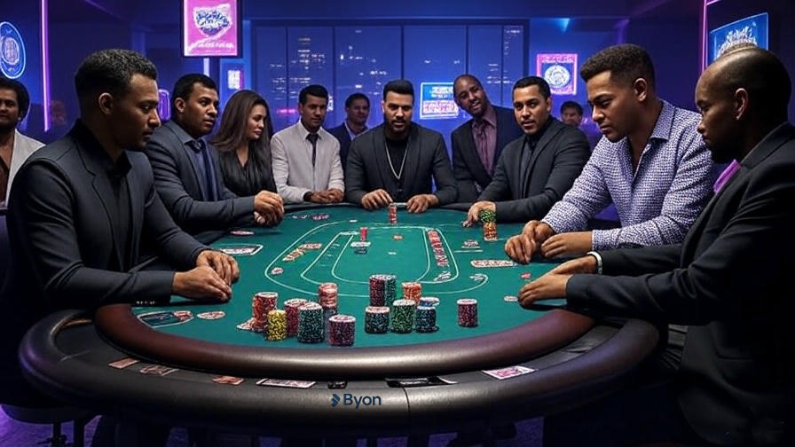A luxurious virtual casino in GTA 6 with players betting glowing NFT chips at a poker table, surrounded by neon signs