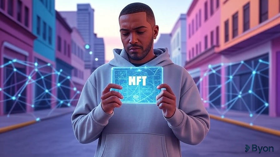 A GTA 6 character in a vibrant Vice City street, holding a glowing NFT representing a property deed, with a blockchain network overlay in the background